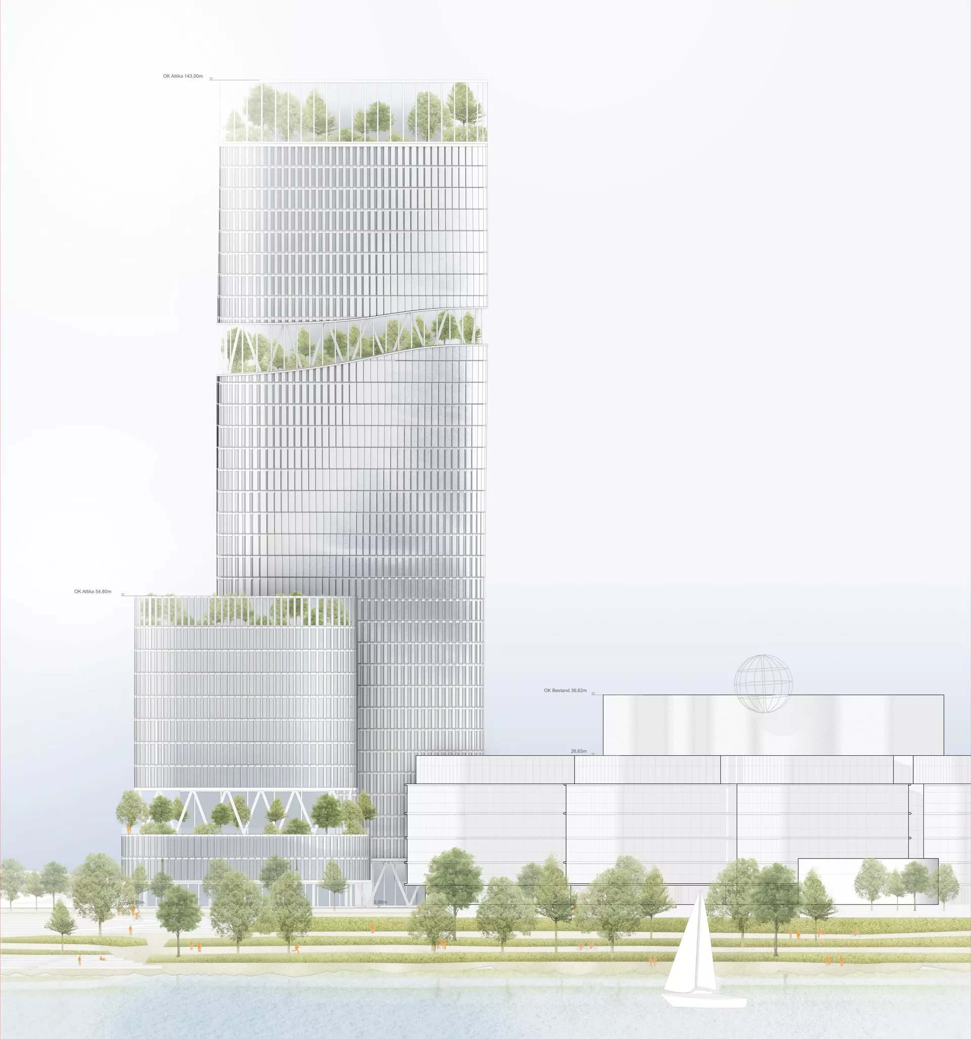 Hochhausansicht mit gestaffelten begrünten Ebenen und umliegenden urbanen Strukturen.